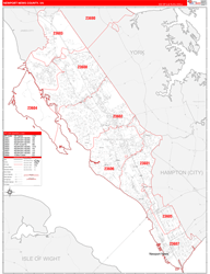 Newport NewsCounty, VA Wall Map Zip Code Red Line Style 2024
